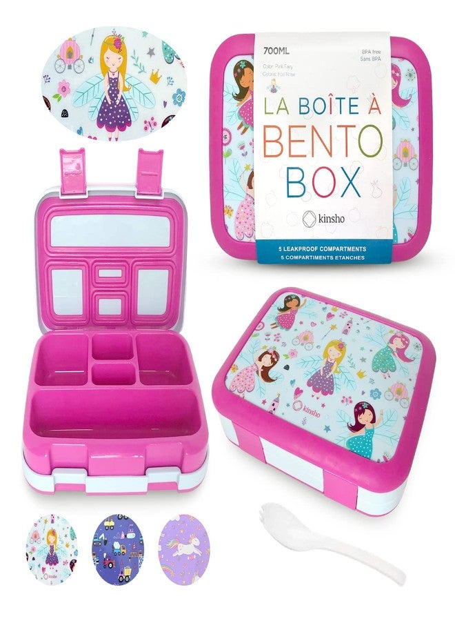 kinsho Bento Lunch Box for Kids Toddlers Girls, 5 Portion Sections Secure Lid, Microwave Safe BPA Free Removable Tray, Pre-School Kid Daycare Lunches Snack Container Ages 3 to 5, Pink Fairy Princess - Image 1